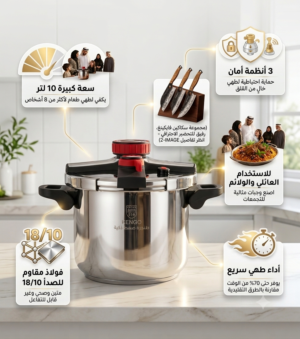 👑 باقة العزايم الملكية  قدر ضغط ستانلس 18/10 الأصلي (10 لتر) + طقم سكاكين الهيبة 🔥